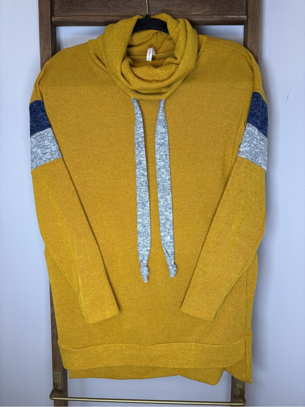 My Story Mustard Cowl Neck Hoodie with Contrast Sleeve Panels